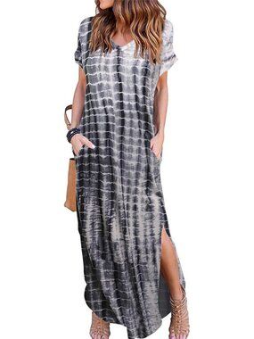 Women Tiedye Grey Summer Maxi Long Dress Casual Loose Short Sleeve Split Pocket